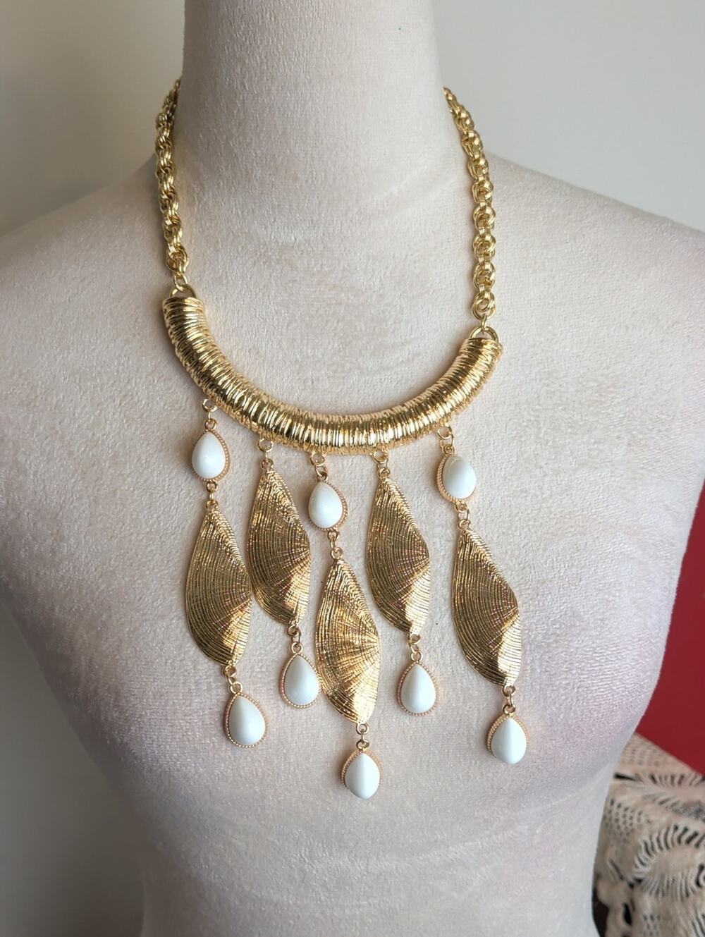 Lilly Pulitzer Gold Tone Statement Necklace Shell Fringe & White Glass Cabochons